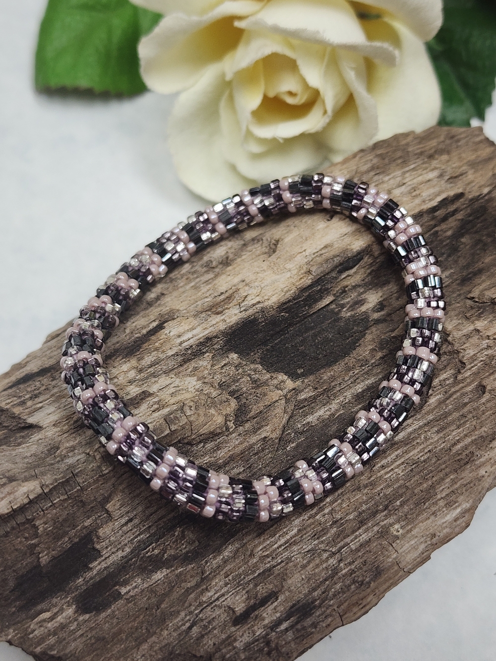 Pink and Black Seed Bead Roll On Bracelet